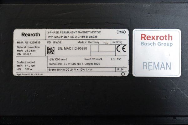 Rexroth 3-Phase Permanent Magnet Motor MAC112D-1-ED-2-C7180-B-2/S029 überholt